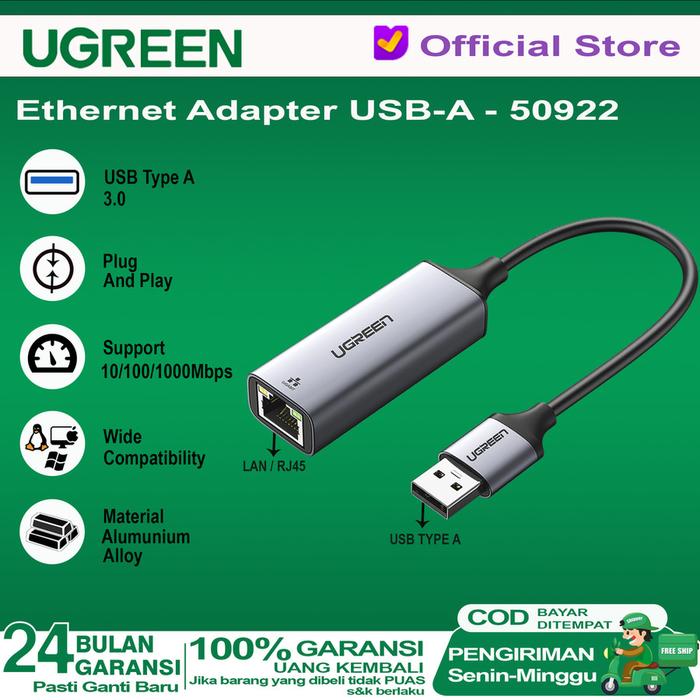 Gambar UGREEN USB 3.0 TO LAN ETHERNET INTERNET ADAPTER GIGABIT CONVERTER ORI - 50922 USB A dari KINGBAG OFFICIAL STORE undefined Tokopedia