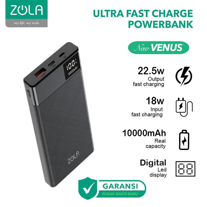 Gambar Zola New Venus Powerbank 10000mAh Fast Charge 22,5W VOOC QC.3.0,PD 18W - Hitam dari Zola Life Style undefined Tokopedia