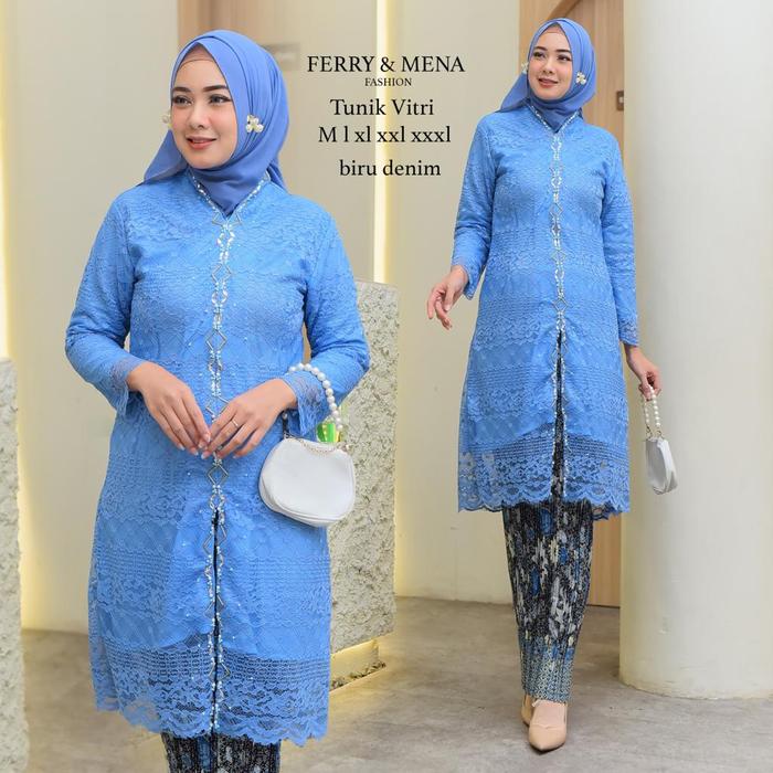 Gambar Setelan Kebaya Brokat Busui Payet Jumbo Baju Kondangan Ibu Hajat - Biru Denim, XL dari Hiyon Kebaya undefined Tokopedia