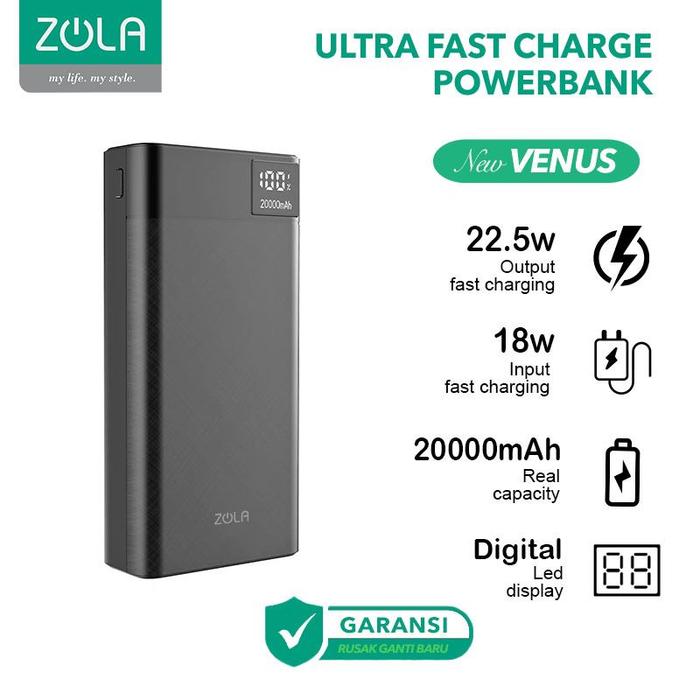 Gambar Zola New Venus Powerbank 10000mAh Fast Charge 22,5W VOOC QC.3.0,PD 18W - 20000mAH Hitam dari Zola Life Style undefined Tokopedia