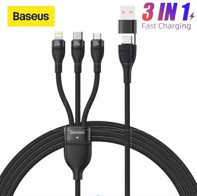 Gambar KABEL BASEUS 3 IN 1 100W USB TYPE C FAST CHARGING FOR IPHONE 12/PRO - Hitam dari D&D-oLshop undefined Tokopedia