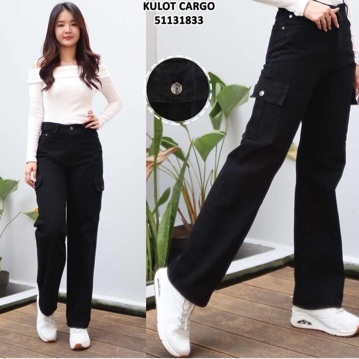Gambar Celana Cargo Highwaist Loose Jeans - Celana Kulot Cargo Jeans Wanita - Cargo Black, 29 dari Ardane Store undefined Tokopedia