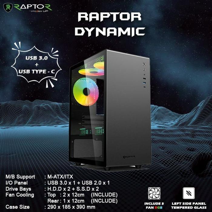 Gambar CASING PC Case Komputer RAPTOR DYNAMIC FREE 3 FAN RGB - Black dari Gudangkomputer_NEW undefined Tokopedia