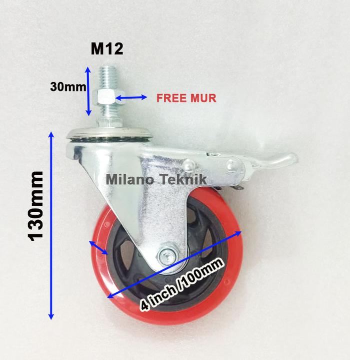 Gambar Roda 4 Inch PU Taiwan + Double bearing Roda Troli Etalase Heavy Duty - Screw Hrem+mur dari Milano Teknik undefined Tokopedia