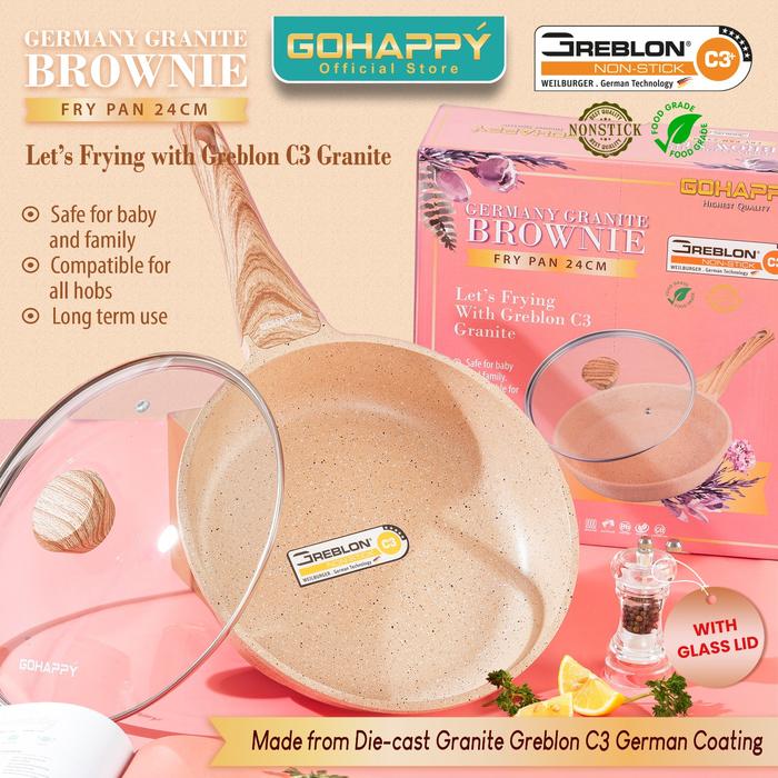 Gambar Penggorengan Granit Frypan Germany Granite GHG85 Panci frying pan Gohappy Dari Greblon C3 ORIGINAL JERMAN COATED - anti lengket stainless wajan Kaca Kayu - GGFry24CM Brown dari Gohappy Store undefined Tokopedia
