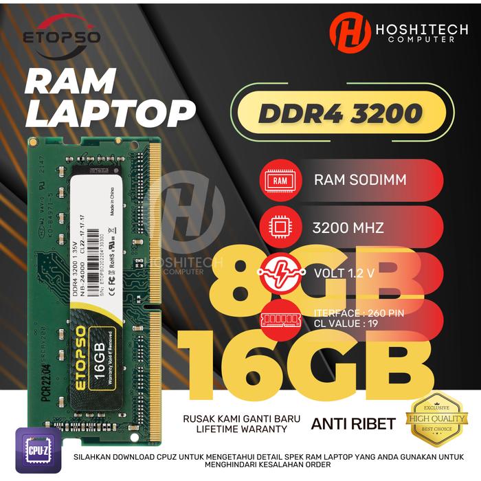 RAM LAPTOP DDR4 16GB 8GB ETOPSO SODIMM 3200 MHZ LIFETIME 8GB
