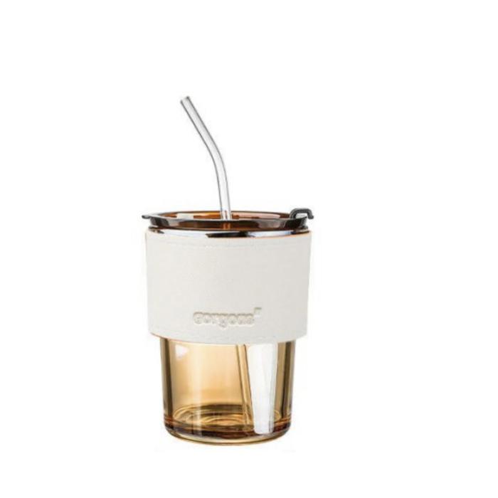 Gambar Tumbler coffe kaca glass handle kulit sedotan kaca gelas kopi viral - Amber white dari Violettsky undefined Tokopedia