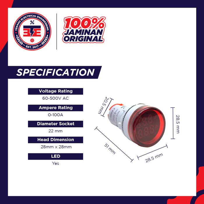 Gambar Pilot Lamp LED 22mm 2in1 With Volt+Ampere Meter Indicator - Merah dari Tenako Electric undefined Tokopedia