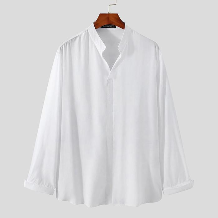 Gambar kemeja pria lengan panjang v neck slim fit basic polos hitam - Putih, L dari Naugat undefined Tokopedia