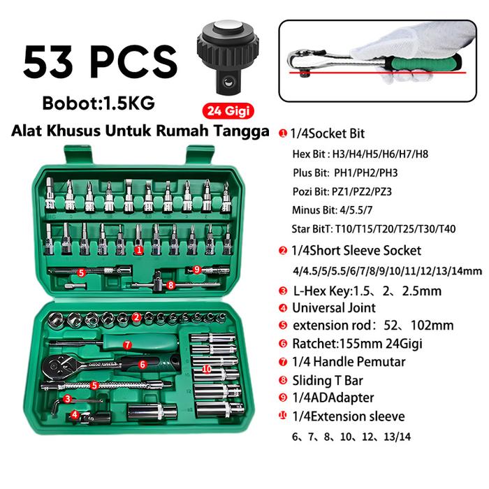 Gambar kunci sok set socket 53 pcs shocket wrench 1/4"kunci shock toolkit set - 53PCS-24gigi dari Isku tools1 undefined Tokopedia