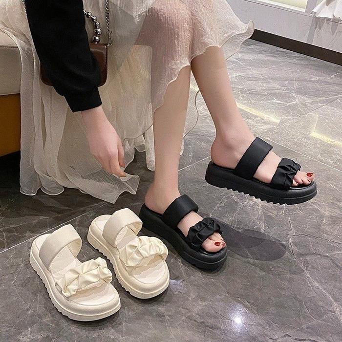 Jual Sandal Wedges Tali Kerut Slip Impor FREE BOX 30 Putih, 36