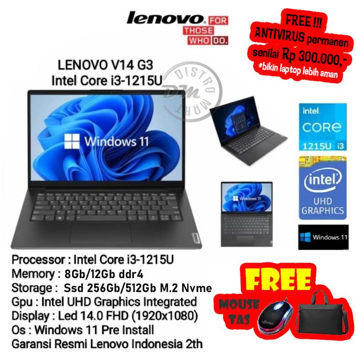 Lenovo Core i3 1215U gen 12 terbaru RAM 8GB 256GB/512GB FHD INTEL W10  Lenovo 12/256Gb