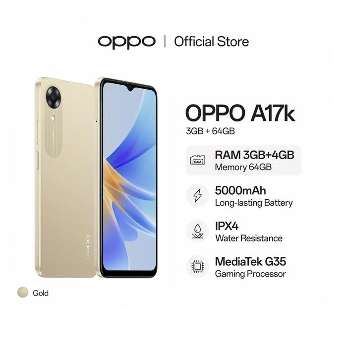 Gambar HP OPPO A17K 3/64 GB - OPPO A17 K RAM 3GB INTERNAL 64GB GARANSI RESMI - Gold dari Cahaya Store Cell undefined Tokopedia