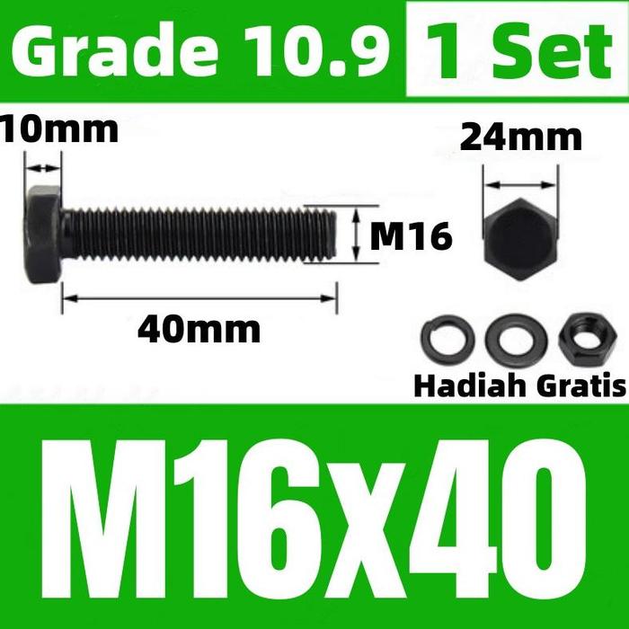 Gambar Baut mur baja M16 grade 10.9 hex full drat 1 set baut mur baja hitam - M16x40 dari Gudang Bengk3l undefined Tokopedia