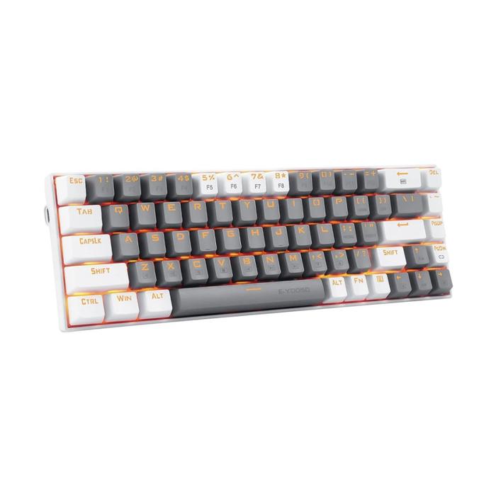 Compact white mechanical gaming keyboard with blue and pink accents