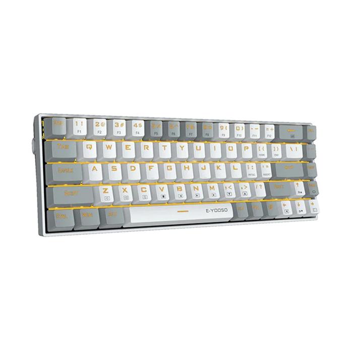 Compact white mechanical gaming keyboard with blue and pink accents