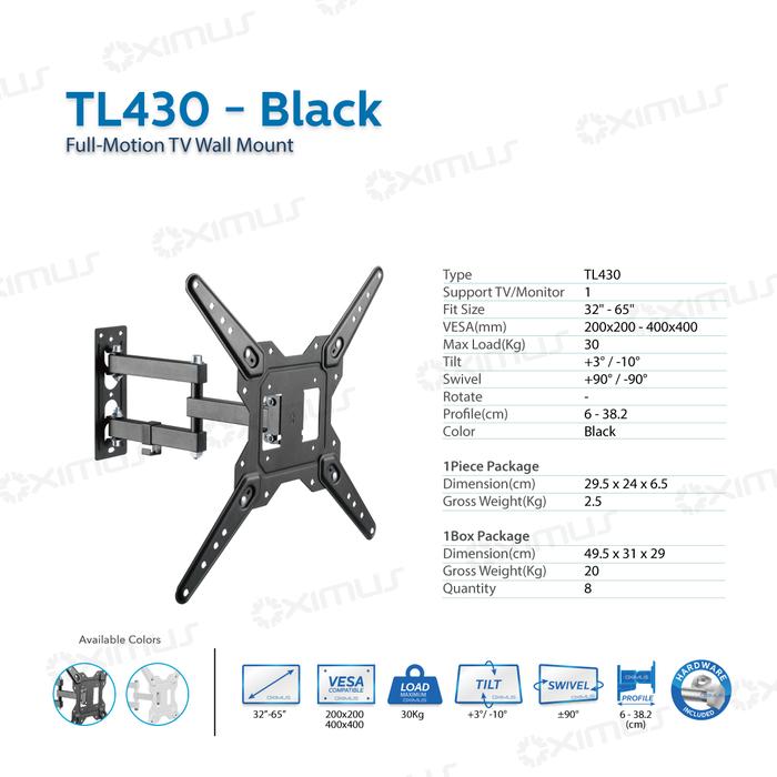 Gambar BRACKET TV LED LCD MONITOR 32 - 65 Inch OXIMUS TL430 FULL - MOTION TV WALL MOUNT - Hitam, Seller dari Abditama Official undefined Tokopedia