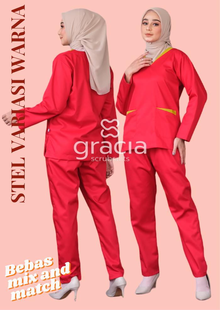 Gambar Scrub/baju oka/baju jaga dokter list warna (1 stel lgn panjang S M L) - XS dari Gracia Scrubsuits Malang undefined Tokopedia