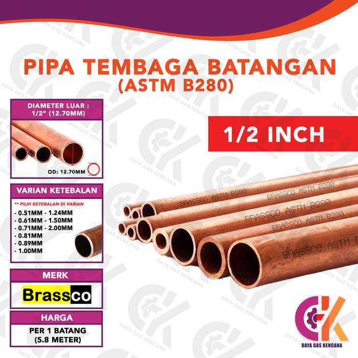 Gambar BRASSCO Pipa Tembaga Batangan ASTM B280 1/2" inci inch // 12.70mm - 2.00mm dari Daya Gas Kencana undefined Tokopedia