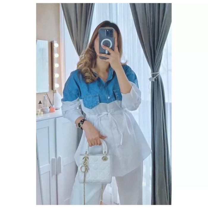 Gambar KEMEJA DENIM SNOW KOMBINASI KATUN POPLIN PREMIUM PINGGANG TALI BELT - Putih dari KOKOMADI undefined Tokopedia