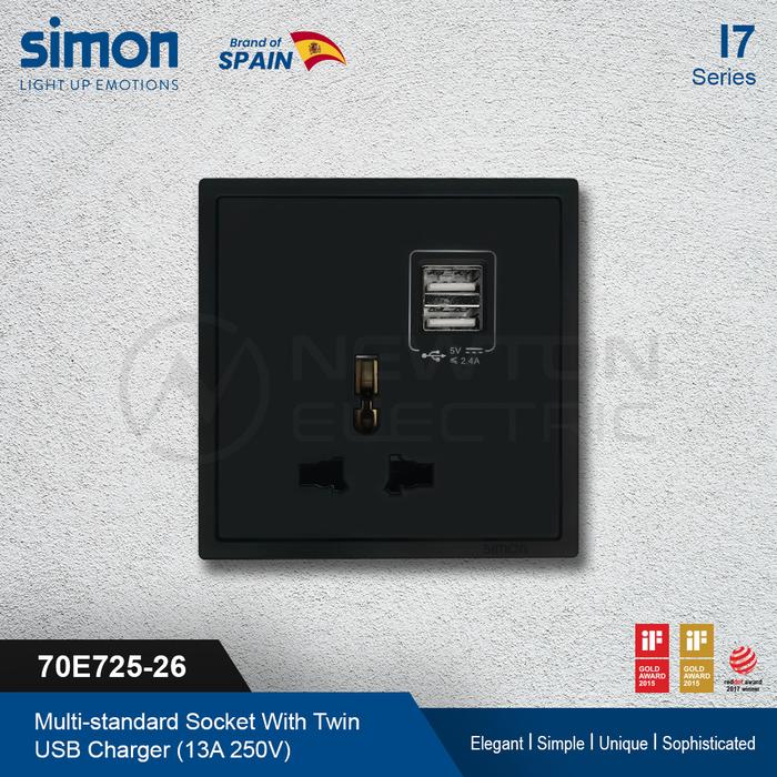 Gambar Simon i7 Black Stop Kontak Universal + USB Charger (Tanpa Frame) dari Toko Newton Electric undefined Tokopedia