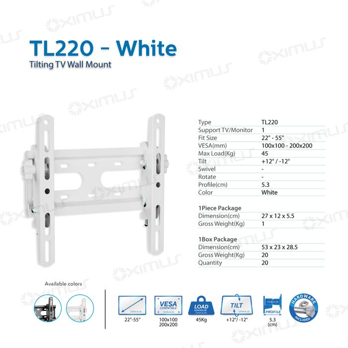 Gambar BRACKET TV LED LCD MONITOR 22" - 55" OXIMUS TL220 WALL MOUNT TILT - Putih, Seller dari Oximus Indonesia undefined Tokopedia
