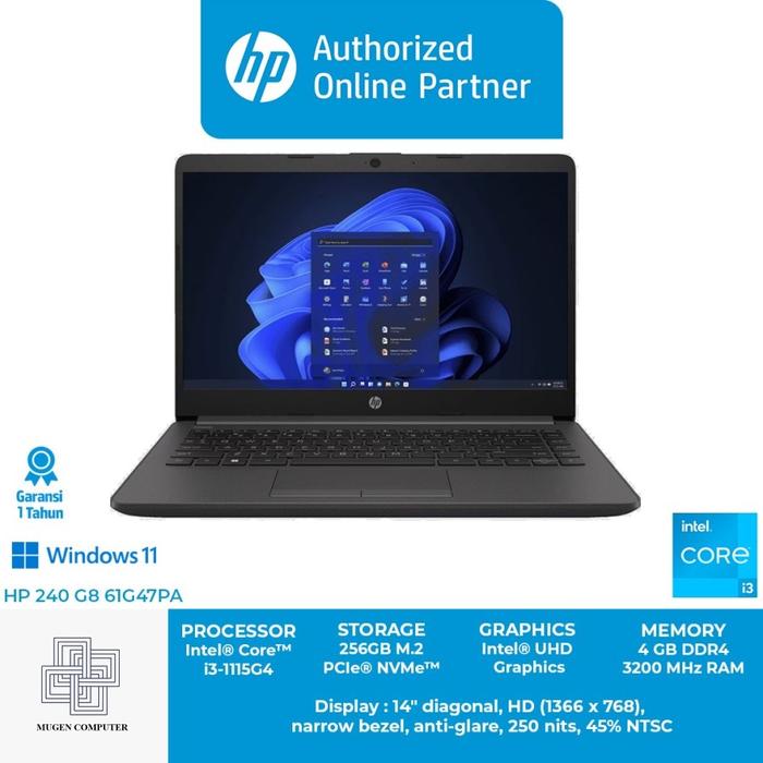 Jual Laptop HP 240 G8 61G47PA i3-1115G4 ram 4GB ssd 256GB 14