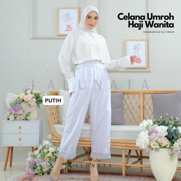 Gambar Celana Umroh Haji Wanita Renda Mewah Saku Sleting by Lalunata - Putih, Reguler dari Lalunata Official undefined Tokopedia