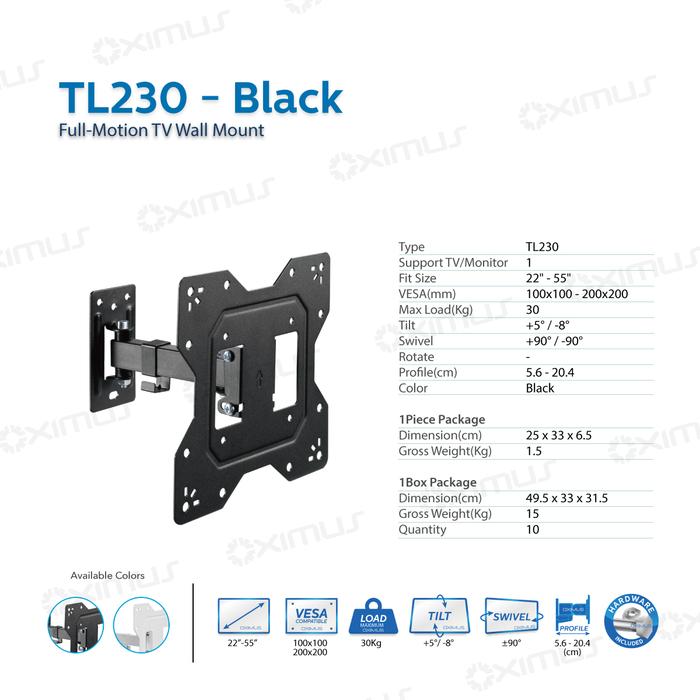Gambar BRACKET TV LED LCD MONITOR 22 - 55 Inch OXIMUS TL230 FULL - MOTION TV WALL MOUNT - Hitam, Seller dari Abditama Official undefined Tokopedia