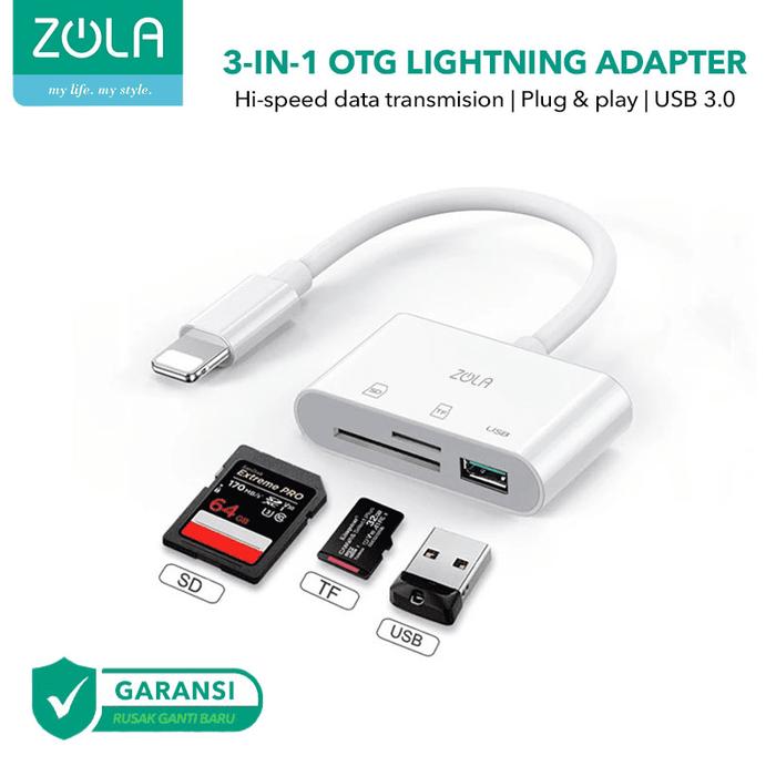 Gambar Zola 3 In 1 Lightning OTG Usb 3.0 Adapter TF/SD/Card Reader For Iphone - 3in1 Lightning dari Besttech Solution undefined Tokopedia