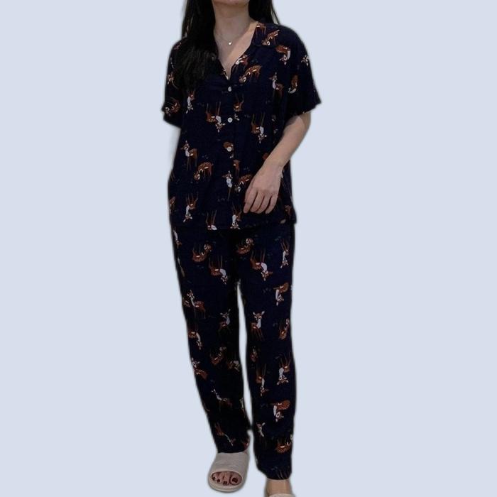 Gambar BAJU TIDUR WANITA / PIYAMA / SETELAN WANITA RAYON JUMBO PANJANG ADEM - deer navy dari keishanny shop undefined Tokopedia