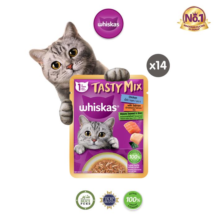 Gambar [PROMO] Whiskas Tasty Mix Gravy Makanan Kucing Basah Pouch 70gr - Isi 14 - Chicken Salmon dari Whiskas Indonesia undefined Tokopedia