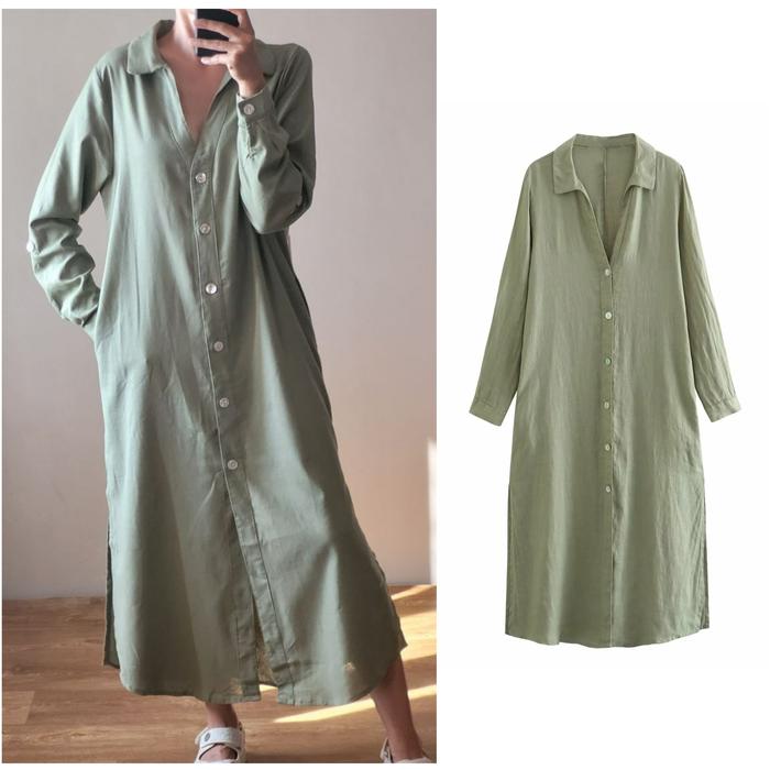 green linen shirt dress casual simple dress S