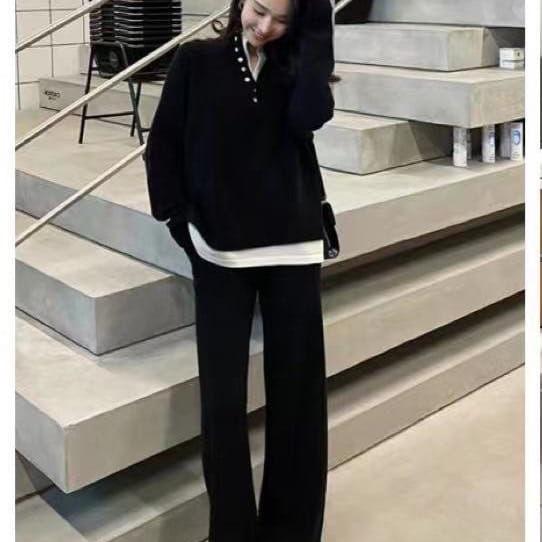 Gambar Knit Set Half Button Top + Pants - Black dari Prettyinpastel28 undefined Tokopedia