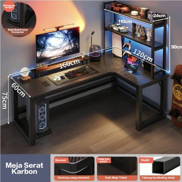 Gambar Meja Komputer Model L Serat Karbon Minimalis / Meja Gaming 180cm - Kanan 160cm+Rak dari grosirjakarta3699 undefined Tokopedia