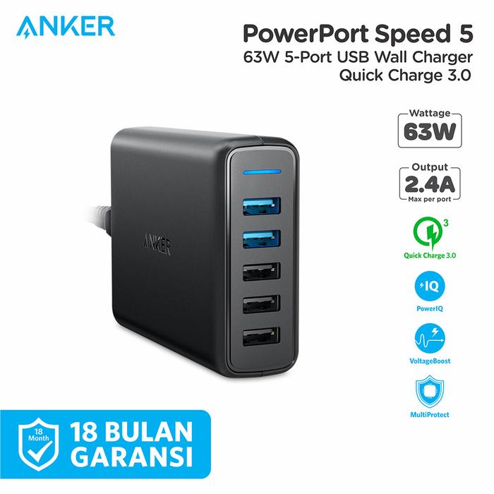 Gambar Wall Charger Anker PowerPort Speed 5 Dual QC 3.0 Black - A2054 dari Anker Indonesia undefined Tokopedia