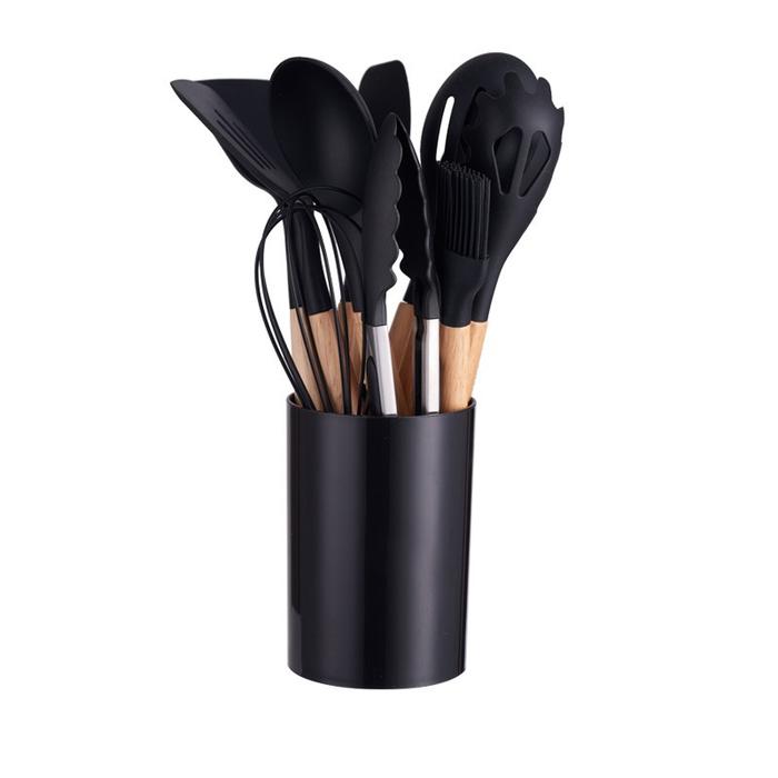Gambar Spatula Silicone Utensil 11Pcs+Wadah Set Peralatan Masak Pegangan Kayu - Hitam dari PT TBE Indonesia undefined Tokopedia