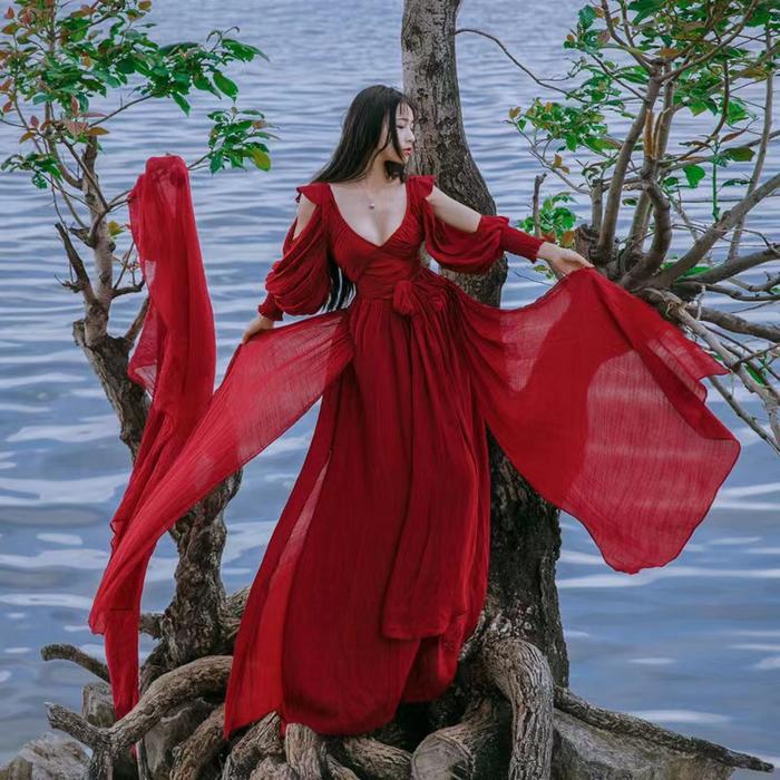 Gambar ALOHA red long dress long sleeve woman premium / korean summer dress / beachwear bali / dress prewedding wanita / gaun pantai wanita / bohemian dress / vintage dress / maxi dress / casual dress / dress prewedd / party dress / dress bali - L dari SEXY8 Official Store Jakarta undefined Tokopedia