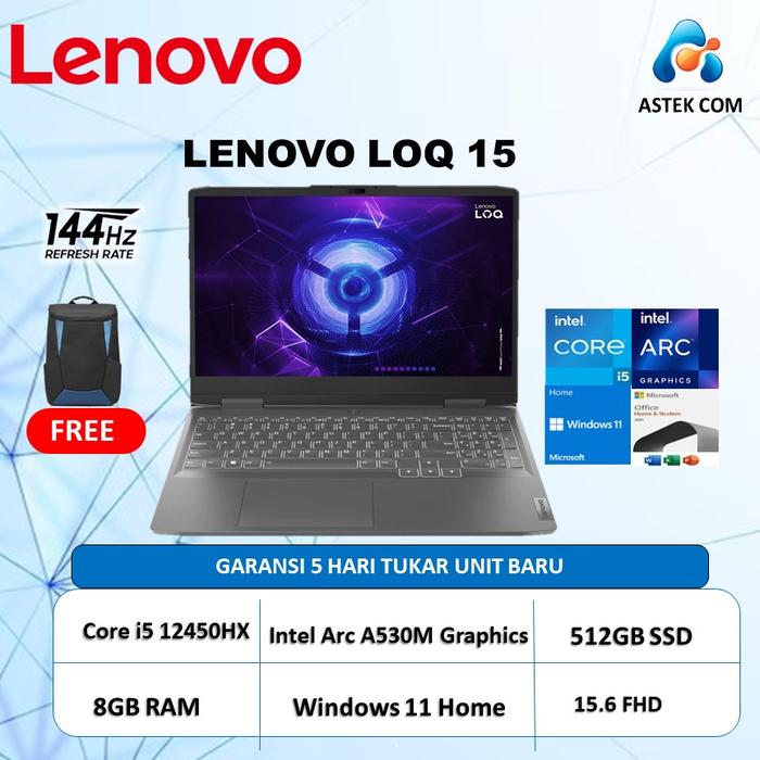 Gambar LENOVO LOQ 15 i5 12450HX ARC A530M 4GB 8GB 512GB 15.6 FHD - NON BUNDLE  dari Astek Com undefined Tokopedia
