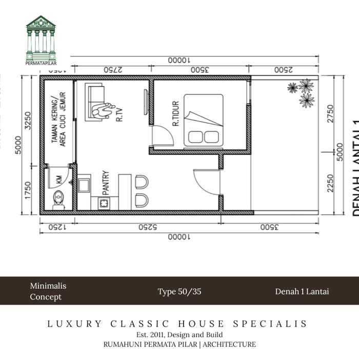 Jual Desain Denah Rumah Minimalist Modern Type 50/35 Bangunan 1 Lantai
