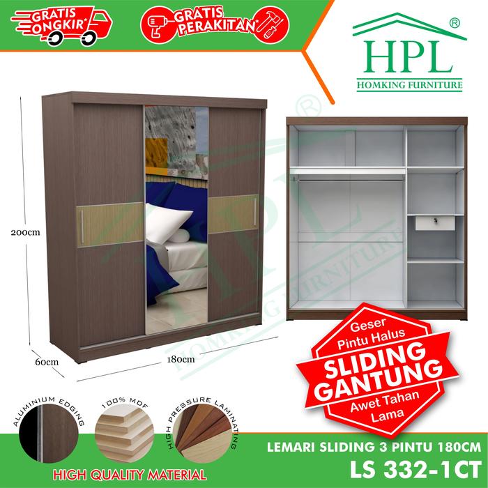 Gambar Lemari Pakaian HPL Sliding Door 3 Pintu + Cermin 1 Pintu Striping - CoklatTua-Muda dari HOMKING Furniture undefined 4 Tokopedia