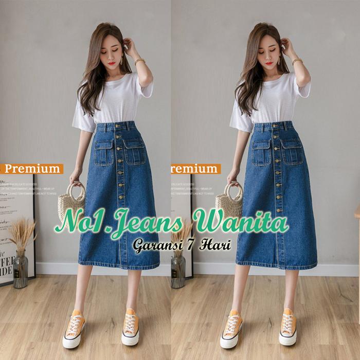 Gambar Rok Jeans Premium Stretch Full Kancing/Rok Jeans Stretch Wanita/Rok - Biru Jeans, 29 dari YuTrend undefined Tokopedia