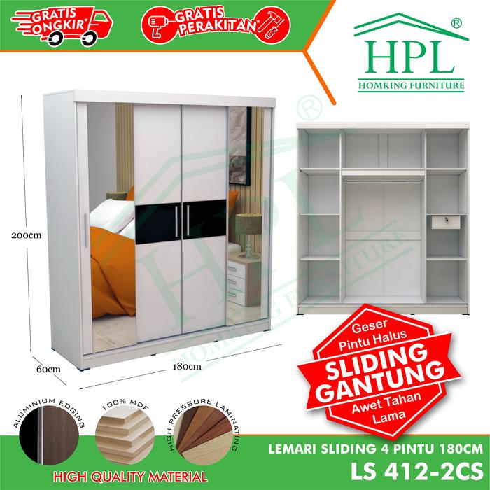 Gambar Lemari Pakaian HPL Sliding Door 4 Pintu Striping + Cermin 2 Pintu - Putih/Hitam1 dari HOMKING Furniture undefined 5 Tokopedia