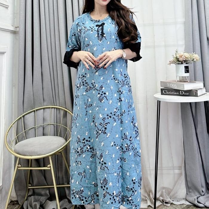 Gambar Daster Pita Bunga Sakura Soft Pita Daster Pusat Rayon Adem Tebal - Busui Friendly - Motif - Biru, all size dari Dasterr Pusat undefined Tokopedia