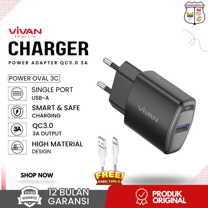 Gambar VIVAN Power Oval 3C Travel Charger Adaptor QC 3.0 3A with Kabel Cable Type-C  1 Meter - Garansi Resmi 1 Tahun - Black dari RAMSOBNOO undefined Tokopedia