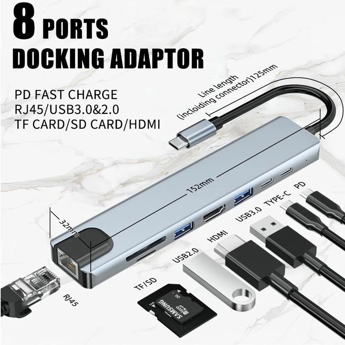 Gambar USB Hub All In 1 Type-C Hub Adaptor HDMI 4K USB 3.0 USB Type C RJ45 - 8 in 1 dari CBS Nusantara undefined Tokopedia