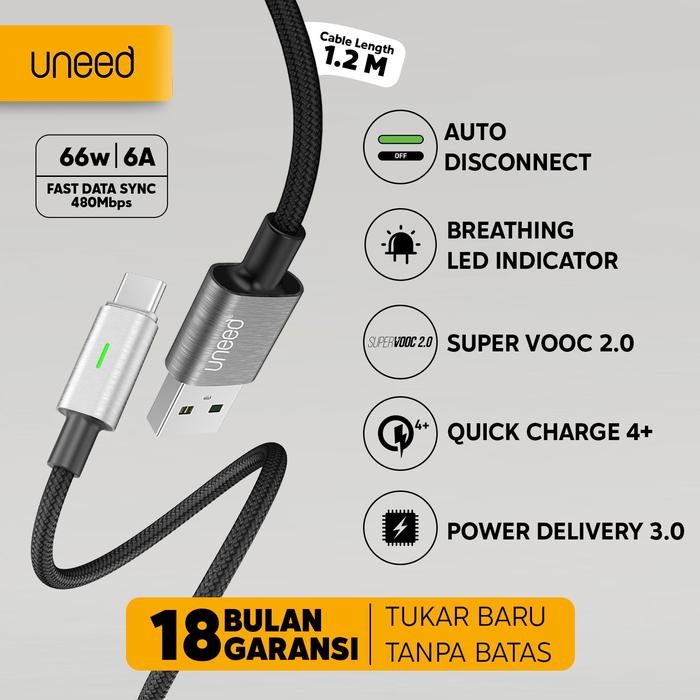 Gambar UNEED Kabel Data Auto Disconnect Type C 66W 6A SuperVOOC 2.0 QC 4+ PD - 1.2 Meter dari Uneed Indonesia undefined Tokopedia