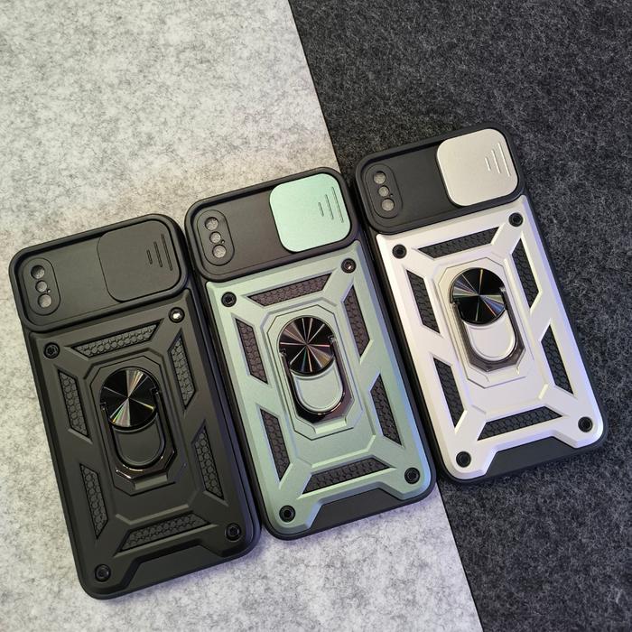 iPhone X- Xs SGFlip Army Ring Flip Lens Rugged Armor Case Shockproof  Silver