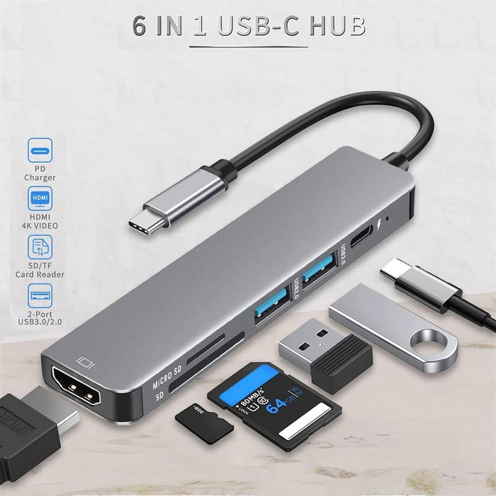 Gambar USB Type-C HUB 6 in 1 USB 3.0, HDMI 4K, Cardreader, USB-C PD dari Universal disc undefined Tokopedia