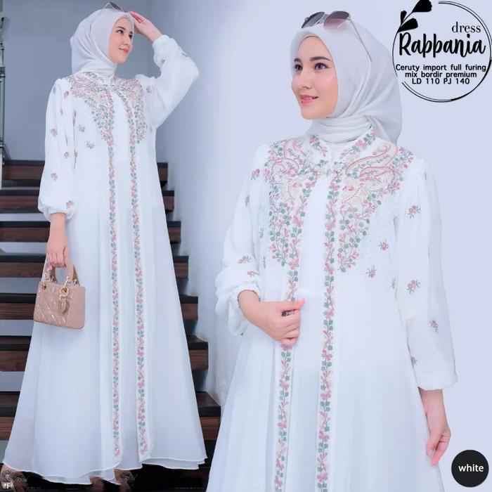 Gambar Rabbania Dress- Gamis bordir timbul mewah baju wanita terbaru 2024 - Putih, M dari BintangCollection21 undefined Tokopedia